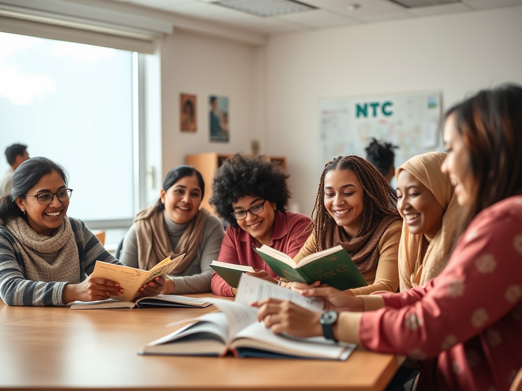 An inviting classroom scene with diverse adult learners, smiling, reading at a calm table; a friendly NT2 teacher guiding, warm lighting, subtle cultural motifs, soft colors."