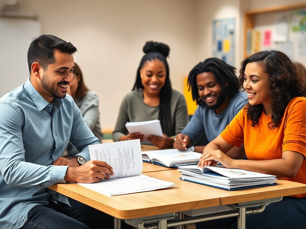 "Warm classroom scene with diverse adults studying simple reading worksheets, teacher pointing at clear exercises, small desk stacks, supportive smiles, bright natural light, authentic testimonials vibe"