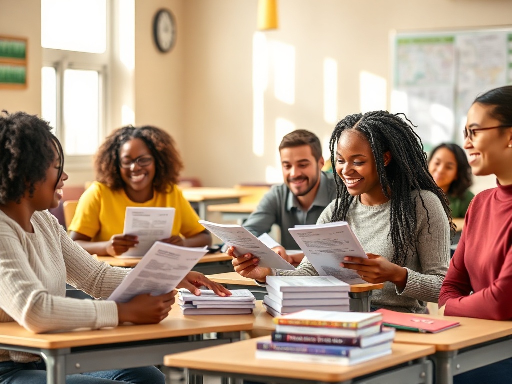 "Warm classroom scene with diverse adults studying simple reading worksheets, teacher pointing at clear exercises, small desk stacks, supportive smiles, bright natural light, authentic testimonials vibe"
