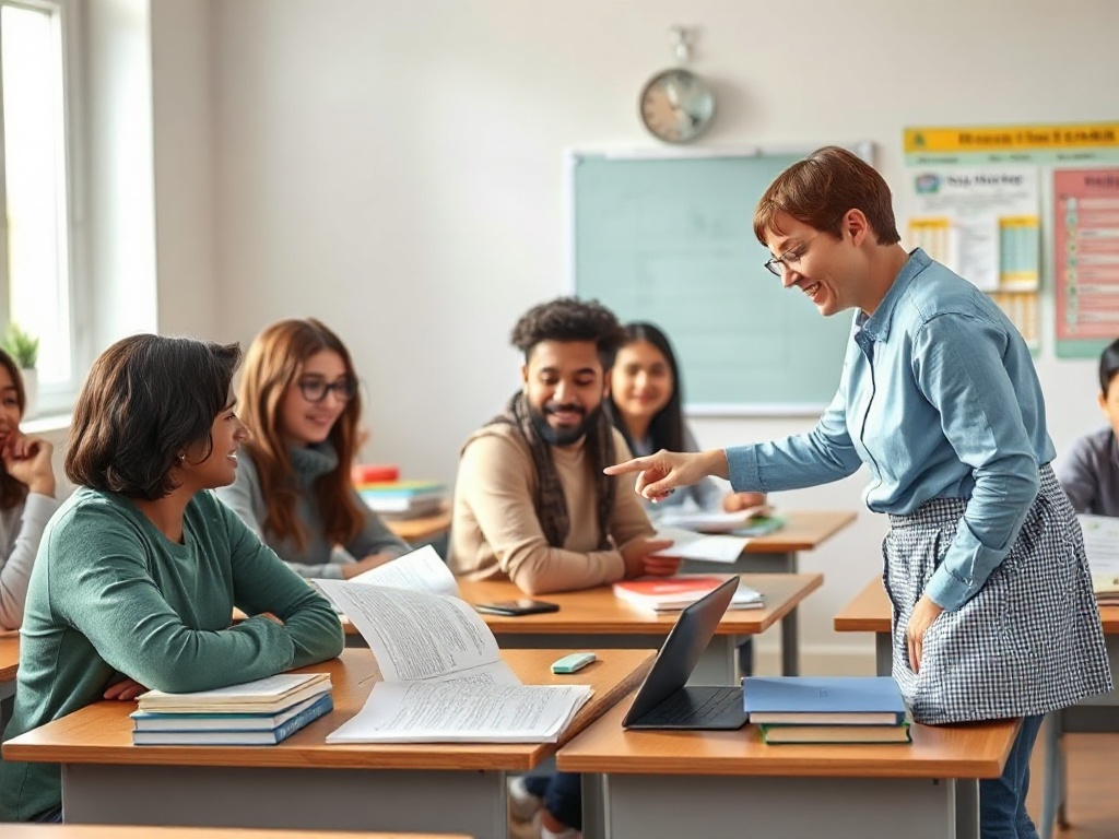 "Warm classroom scene with diverse adults studying simple reading worksheets, teacher pointing at clear exercises, small desk stacks, supportive smiles, bright natural light, authentic testimonials vibe"