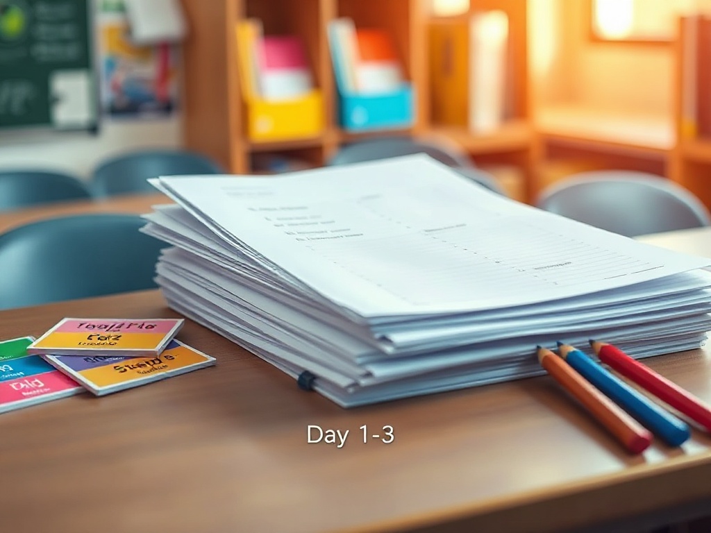 A tidy stack of ten blank workbook sheets on a classroom desk, beside colorful flashcards and pencils, three small arrows/steps suggesting Day 1-3 progression, warm light, shallow depth of field.