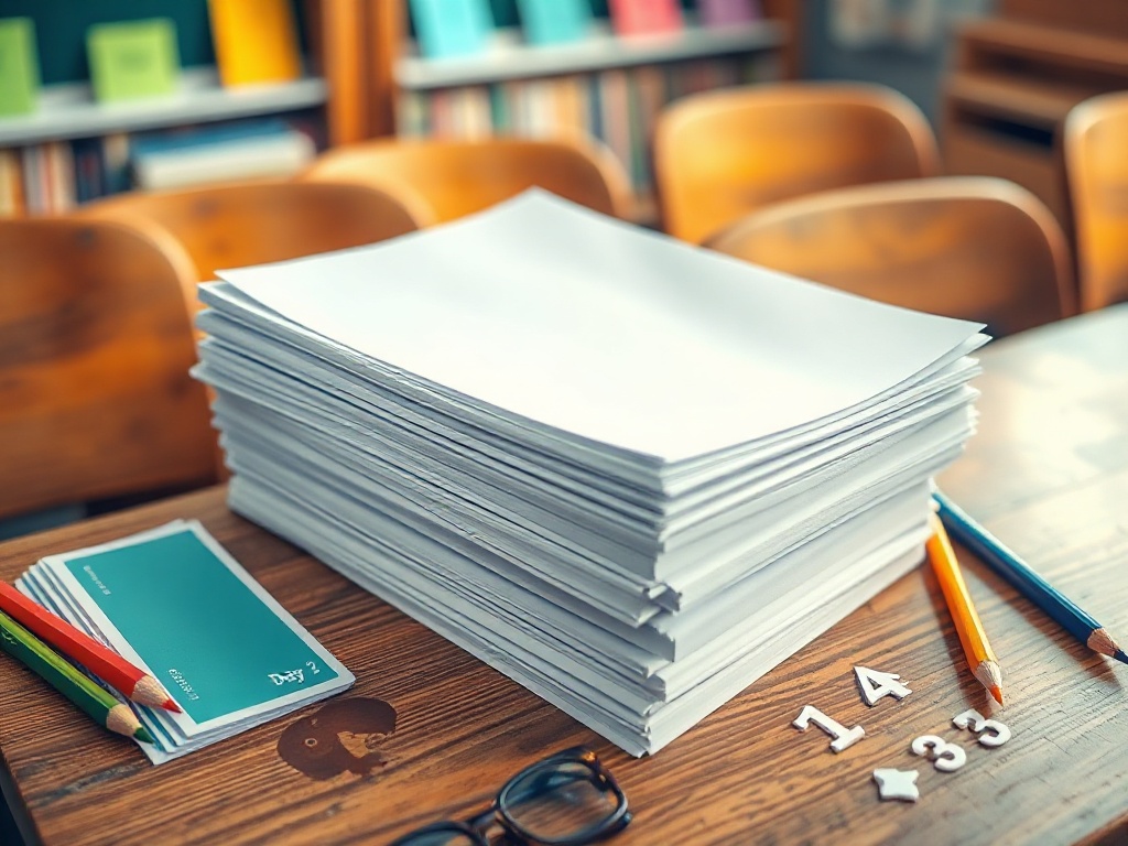 A tidy stack of ten blank workbook sheets on a classroom desk, beside colorful flashcards and pencils, three small arrows/steps suggesting Day 1-3 progression, warm light, shallow depth of field.