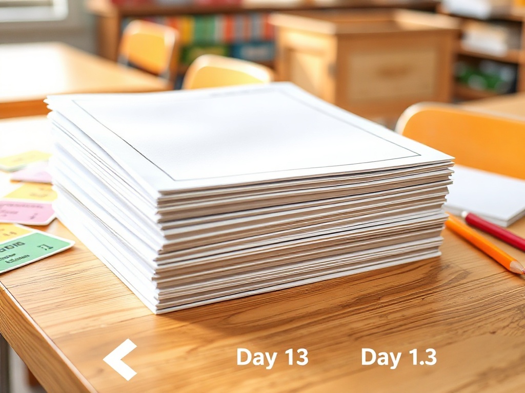 A tidy stack of ten blank workbook sheets on a classroom desk, beside colorful flashcards and pencils, three small arrows/steps suggesting Day 1-3 progression, warm light, shallow depth of field.