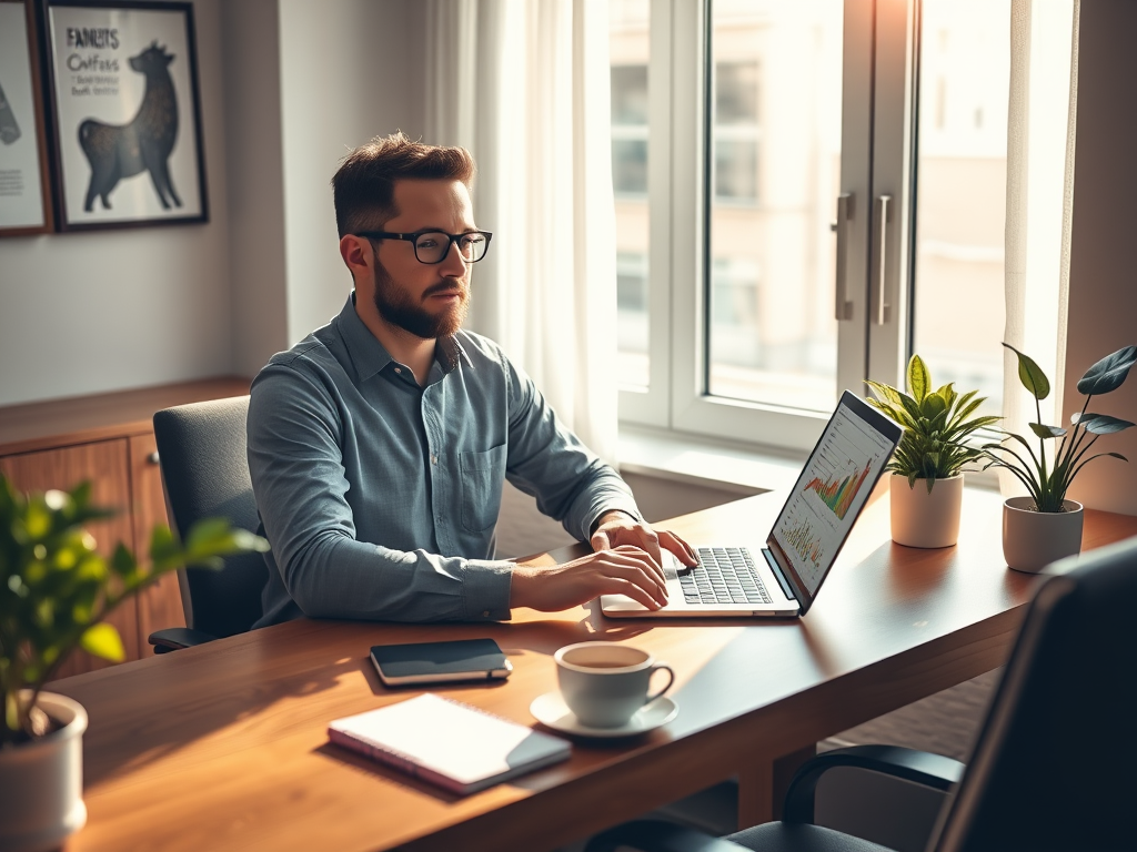 "a calm entrepreneur at a wooden desk" "laptop showing colorful financial graphs" "sunlight streaming through window" "coffee cup and notebook nearby" "green plant adding freshness" "modern, cozy office environment"