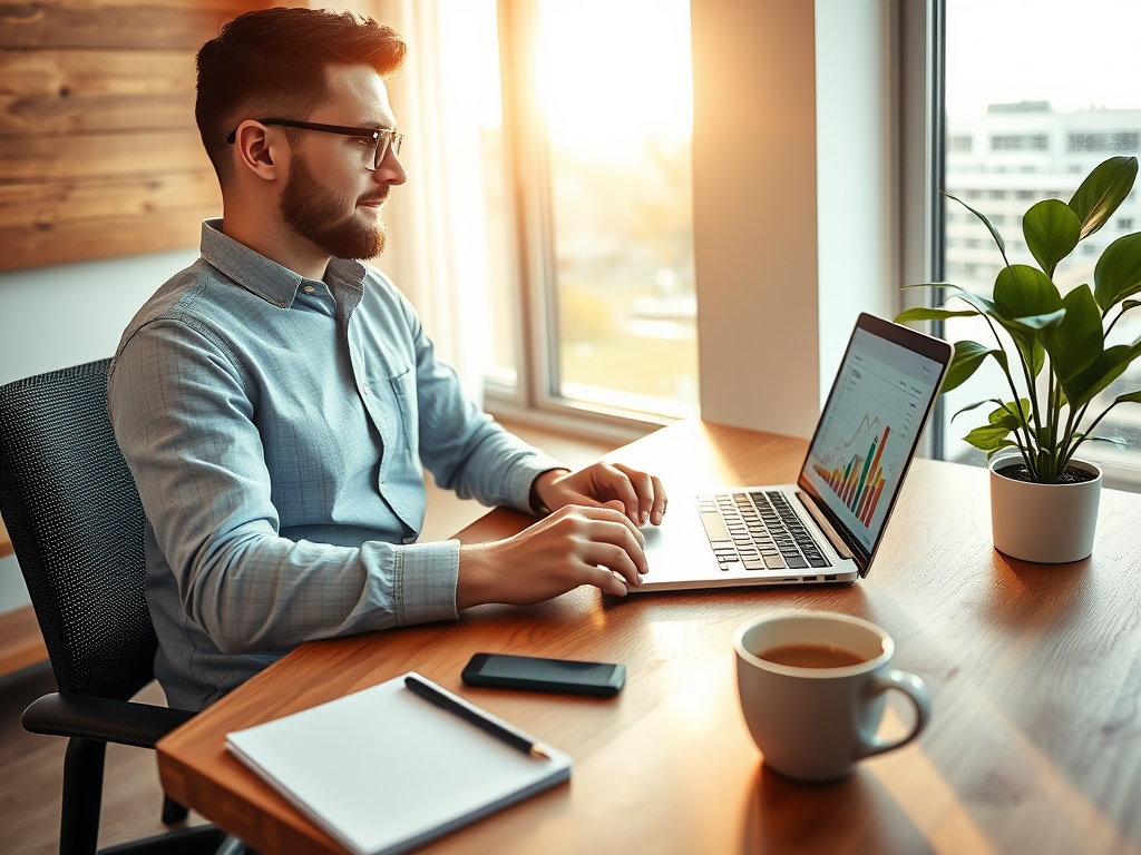 "a calm entrepreneur at a wooden desk" "laptop showing colorful financial graphs" "sunlight streaming through window" "coffee cup and notebook nearby" "green plant adding freshness" "modern, cozy office environment"