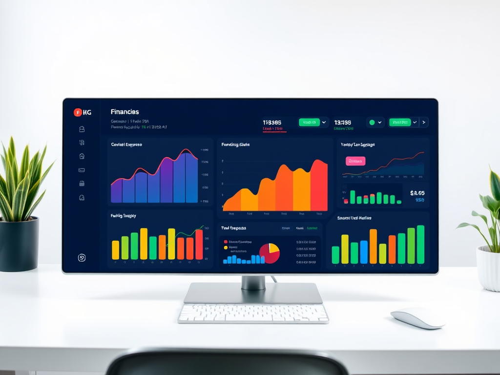 "a modern, sleek financial dashboard" showing "colorful graphs and charts" with "icons representing income, expenses, and savings goals" against a "clean, bright workspace background"
