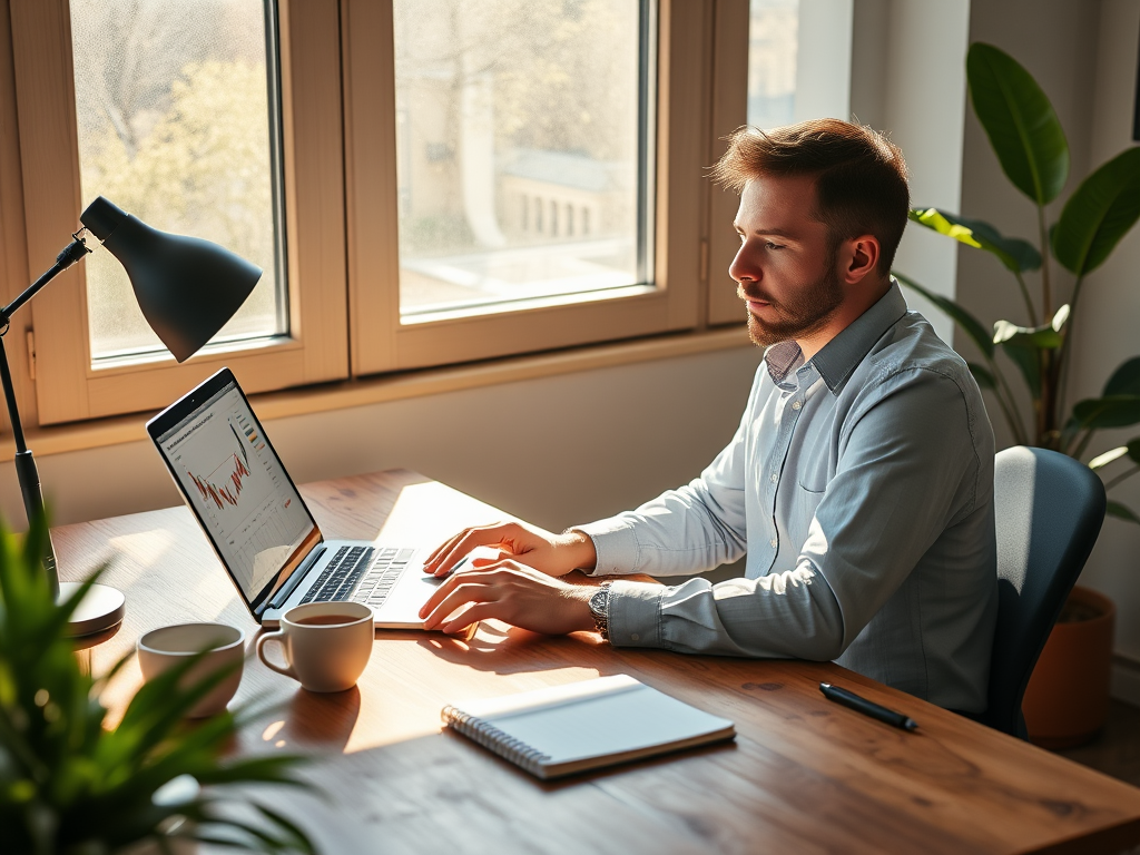 "a calm entrepreneur at a wooden desk" "laptop showing colorful financial graphs" "sunlight streaming through window" "coffee cup and notebook nearby" "green plant adding freshness" "modern, cozy office environment"