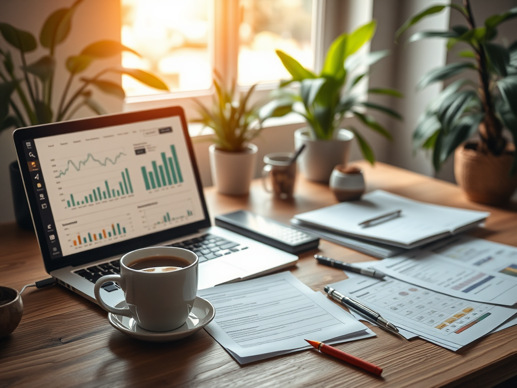 A serene workspace with "a laptop displaying graphs," "a cup of coffee," " scattered financial documents," "soft natural light," and "plants in the background" evoking calm productivity.