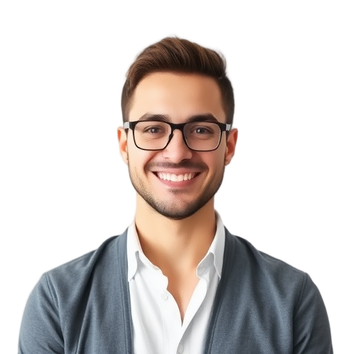 A smiling person looking confident with a white background, clean and minimalistic style, soft lighting, professional yet approachable demeanor.