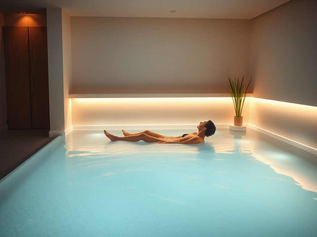 "serene spa room" "calm water surface in float tank" "soft ambient lighting" "warm bath with Epsom salts" "relaxed person immersed in water" "peaceful, minimalistic environment" "natural elements like plants and stones"