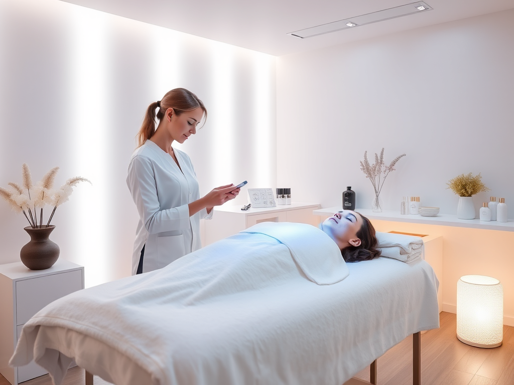 "a serene spa treatment room" "soft glowing LED therapy lights" "calm professional esthetician applying light therapy" "relaxed client lying on a treatment bed" "modern, clean salon interior with natural tones".