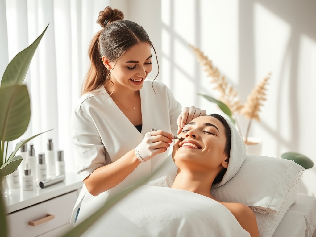A serene spa room with soft natural light, "a woman confidently performing microdermabrasion" on a smiling client, surrounded by "elegant skincare tools" and "calming plants."