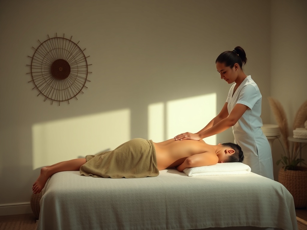 A serene spa room with a professional masseuse performing gentle connective tissue massage on a relaxed client, soft lighting, natural decor, calming atmosphere.