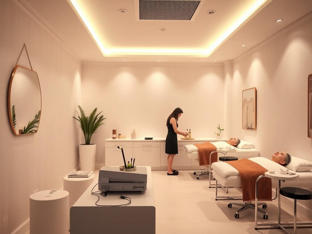 A serene spa room with soft lighting, "a professional waxing setup" on a sleek table, "calm clients receiving treatments," "instructor demonstrating techniques," "clean, modern, inviting atmosphere."