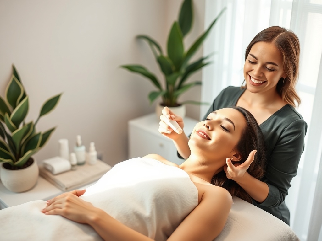 A serene spa room with soft natural light, "a woman confidently performing microdermabrasion" on a smiling client, surrounded by "elegant skincare tools" and "calming plants."