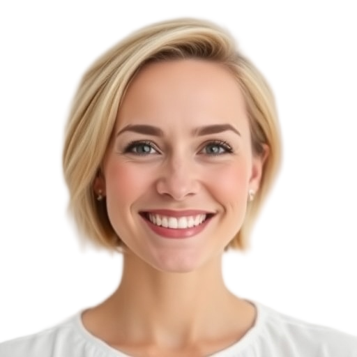 A person smiling to the camera with a white background looking like