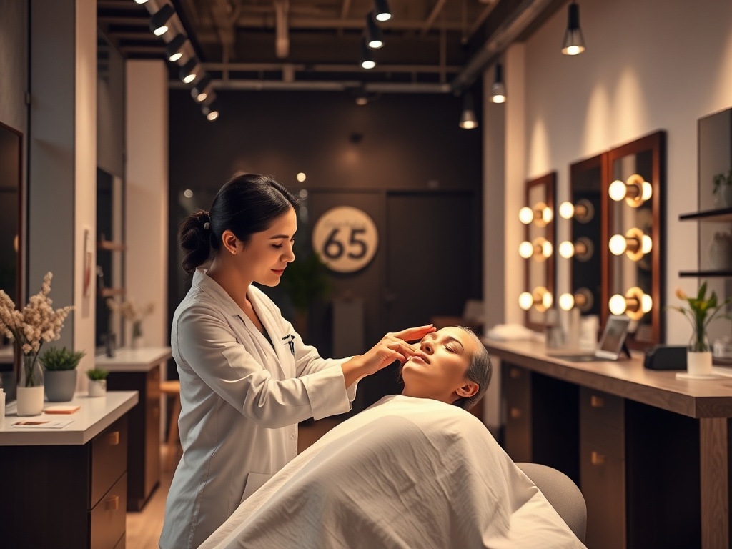 "A calm beauty salon interior" "a professional cosmetologist applying skincare treatment" "calm, warm lighting" "hands-on training atmosphere" "modern, clean design" "happy clients in the background" "subtle growth symbols like plants or charts"