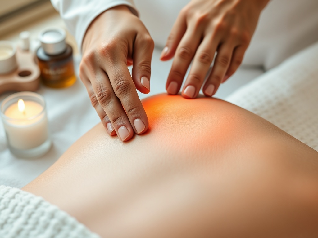 A calming spa scene with "hands gently massaging skin", "smooth textures of connective tissue", "soft lighting highlighting skin glow", "massage oils and natural elements", "relaxed person enjoying treatment".