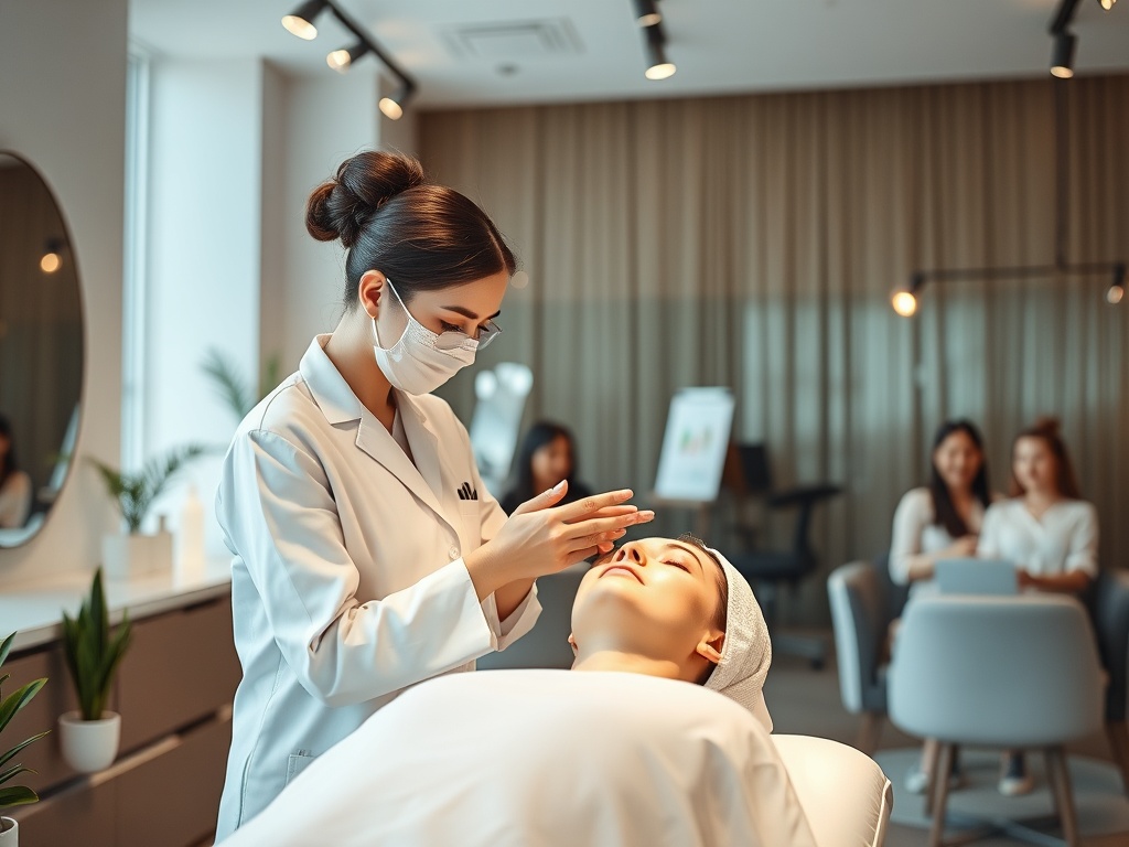 "A calm beauty salon interior" "a professional cosmetologist applying skincare treatment" "calm, warm lighting" "hands-on training atmosphere" "modern, clean design" "happy clients in the background" "subtle growth symbols like plants or charts"