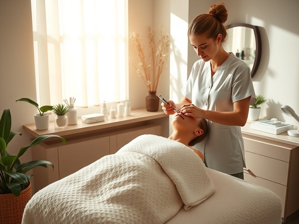 A serene spa room with soft natural light, a professional gently performing microdermabrasion on a relaxed client, surrounded by skincare tools, plants, and calming decor.