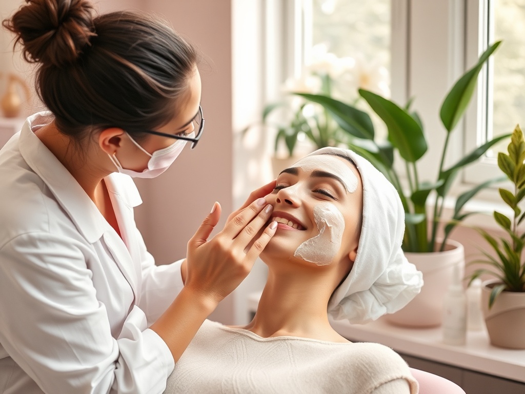 A serene beauty salon interior with a skincare expert applying a gentle facial peel on a smiling client, soft natural light, calming pastel colors, plants, and professional skincare products arranged neatly.