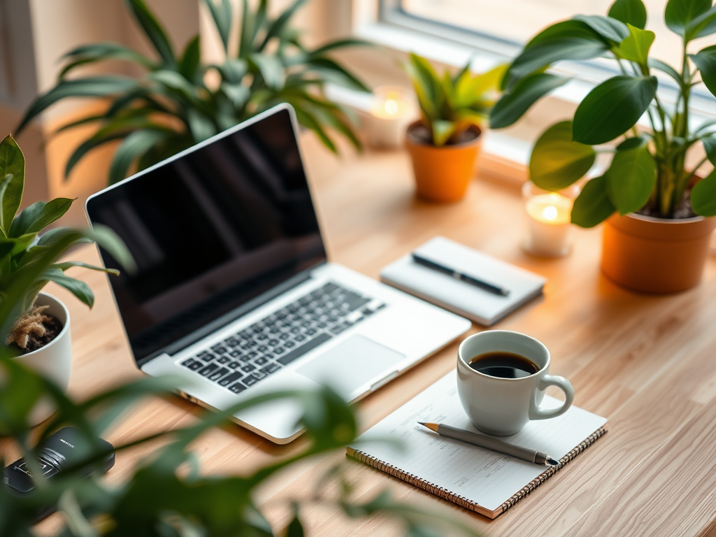 Een serene werkplek met een laptop, notitieblok en koffie.
