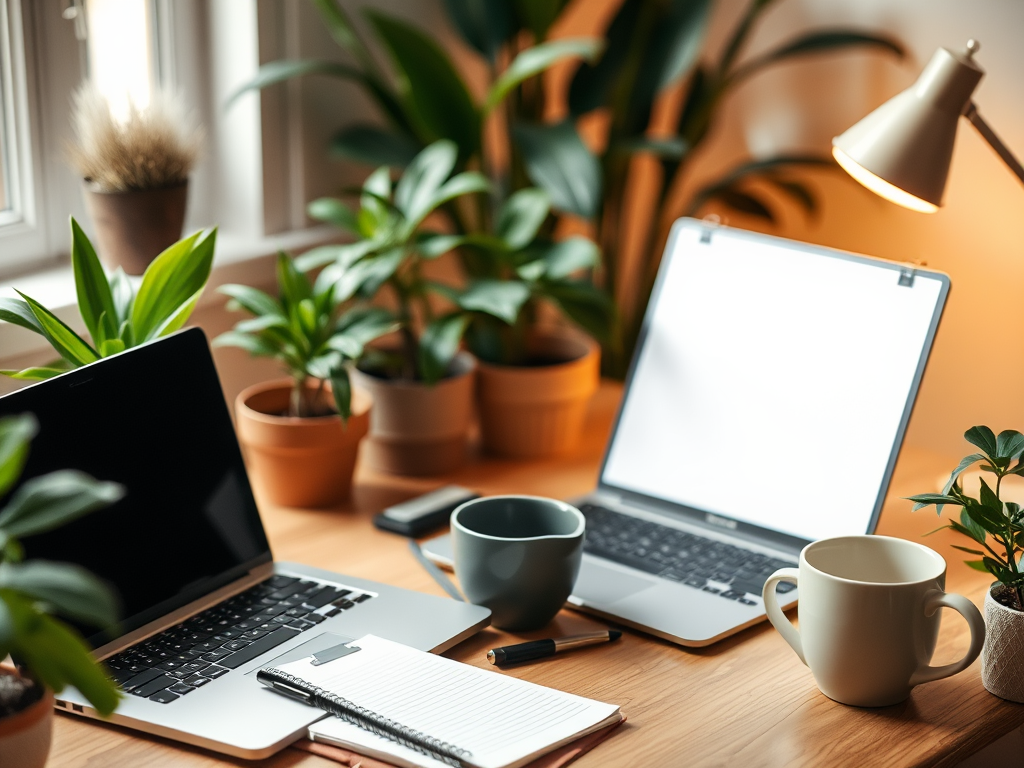 Een rustige werkplek met laptops, notitieblok en planten.