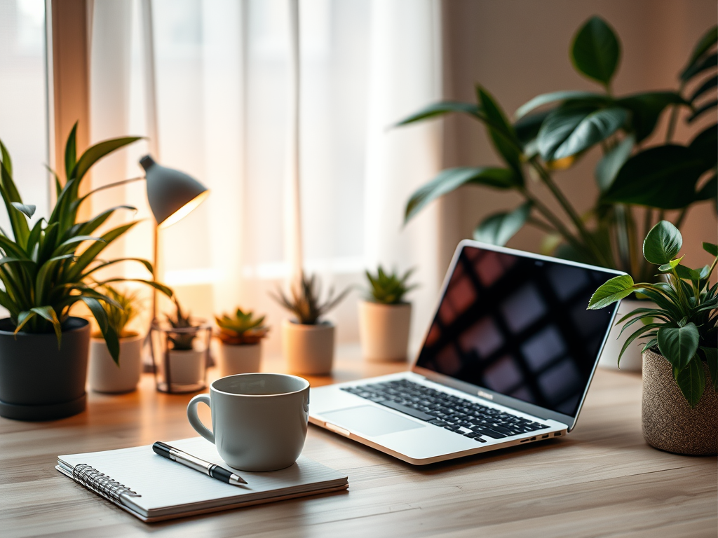 Een serene werkplek met laptop, notitieboek en koffiekop.