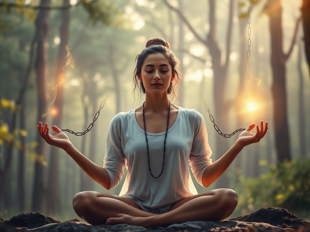 A serene woman meditating in nature, surrounded by soft glowing light, gentle hands releasing chains, symbols of healing energy and growth, peaceful forest background.