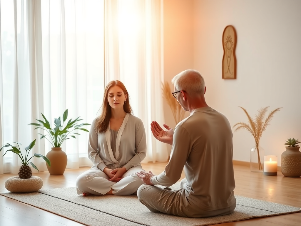 A serene room with soft natural light, "a woman and a man" sitting calmly, "gentle hands performing reiki," "symbols of inner healing," "warm, nurturing atmosphere," "elements representing transformation and balance."