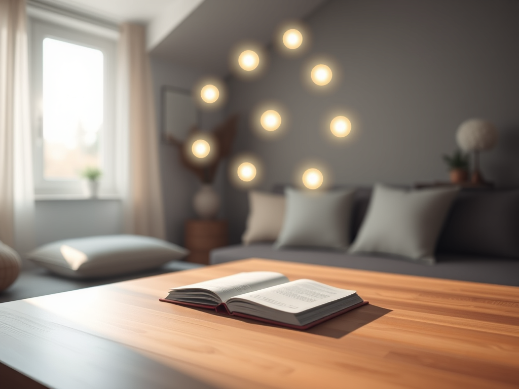 A serene, cozy therapy room with "six glowing dots" floating above a "notebook open on a wooden table," "gentle sunlight through a window," "soft cushions," and a "calm, inviting atmosphere" representing personal growth and self-care.