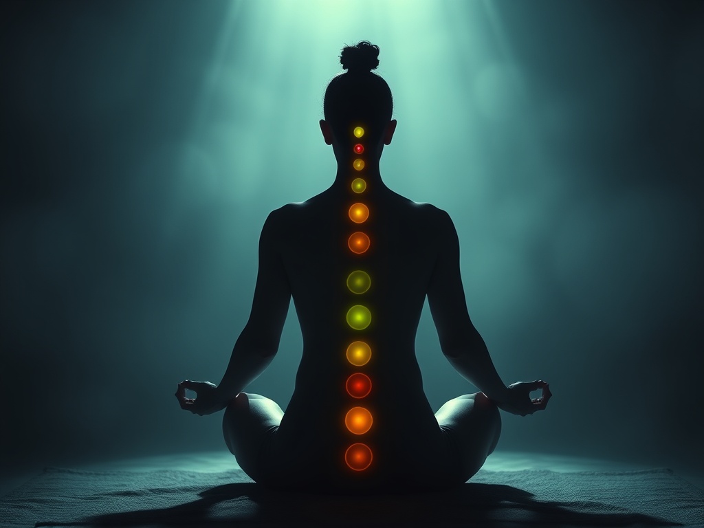 "Soft, serene meditation scene with a calm adult figure in a dimly lit, airy space, chakras glowing softly along spine, inner child imagery, grounding earth tones, flowing energy."