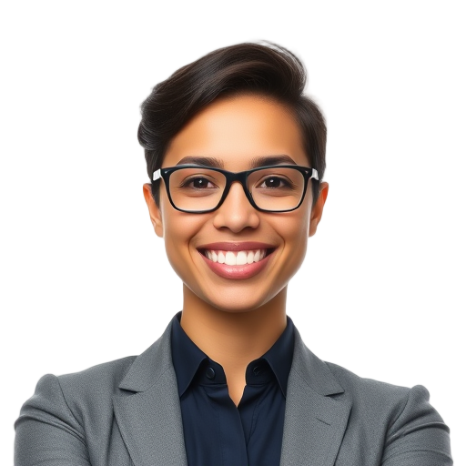 Vrouw met bril, glimlachend, witte achtergrond