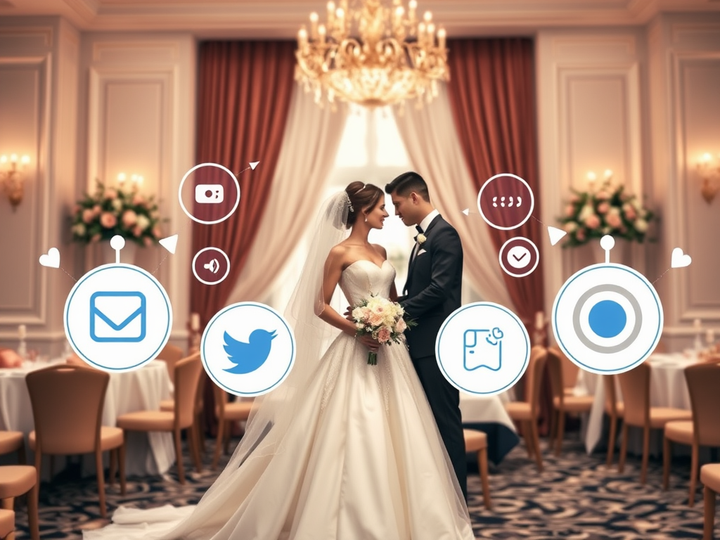 Elegant bruid en bruidegom met sociale media iconen in een chique zaal.