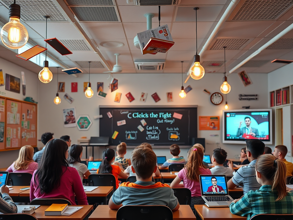Leerkrachten en leerlingen in een moderne, levendige klaslokaal.