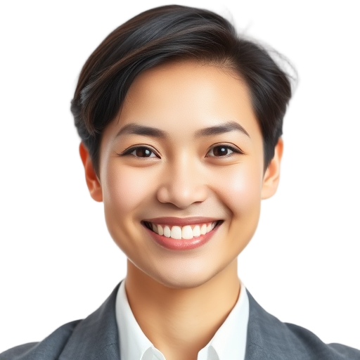 Vrouw met korte haar en witte blouse, glimlachend.