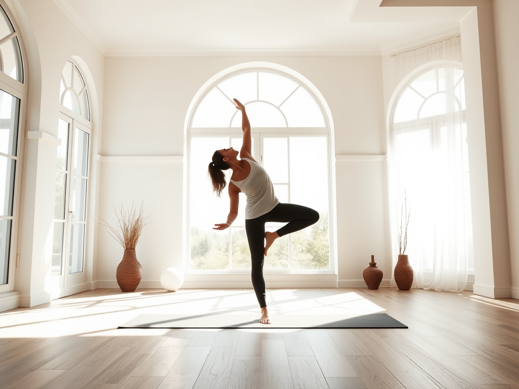 Rustige yogastudio met persoon in berghouding bij grote ramen, zonlicht.