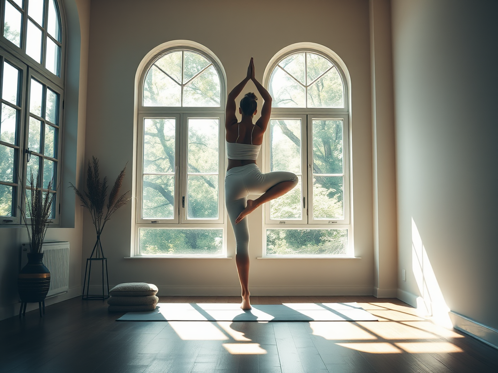 Kalmere yoga studio met persoon in berghouding bij ramen, zonlicht.