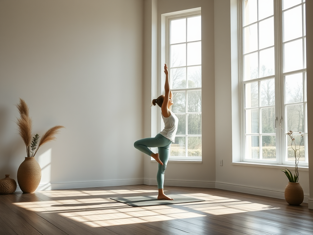 Rustgevende yogastudio met persoon in bergpose bij grote raampartijen