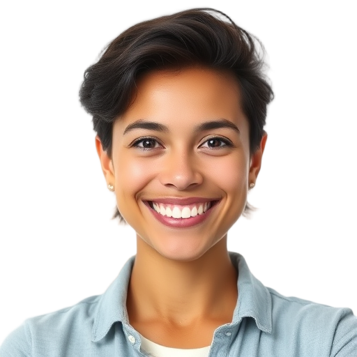 Vrouw met korte, donkere haar glimlachend tegen witte achtergrond.