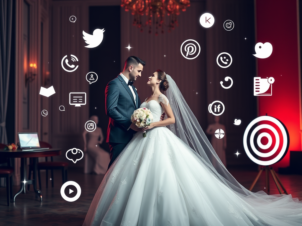 Trouwkoppel met social media-iconen en doelwit in feestzaal
