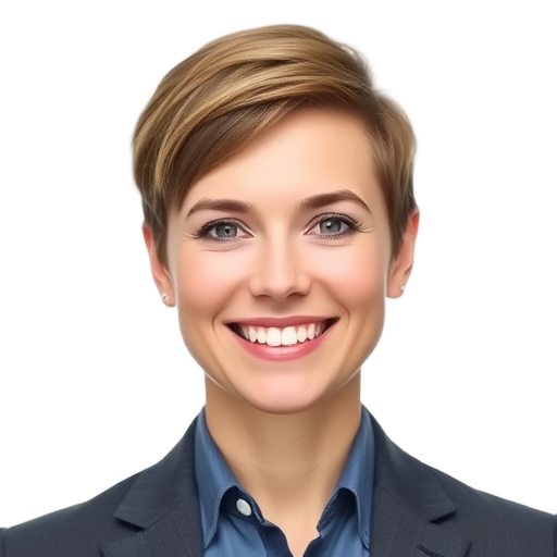 Vrouw met kort blond haar glimlachend tegen witte achtergrond.