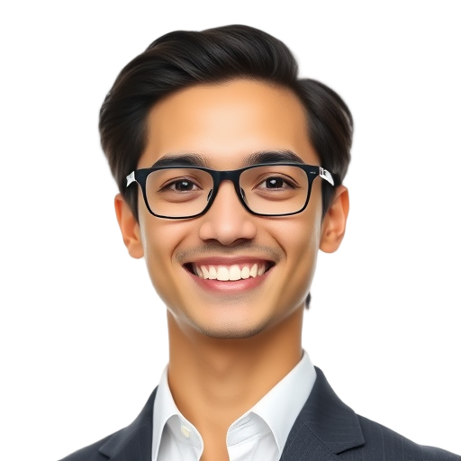 Man met bril en witte blouse, lachend voor witte achtergrond