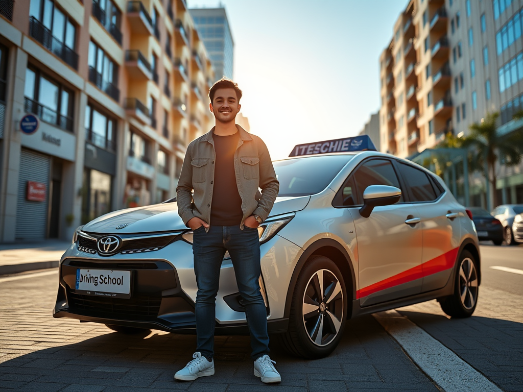 "a confident young entrepreneur" "standing beside a modern driving school car" "sunlit urban street" "symbolizing freedom and opportunity" "clear blue sky" "subtle sense of support and success"