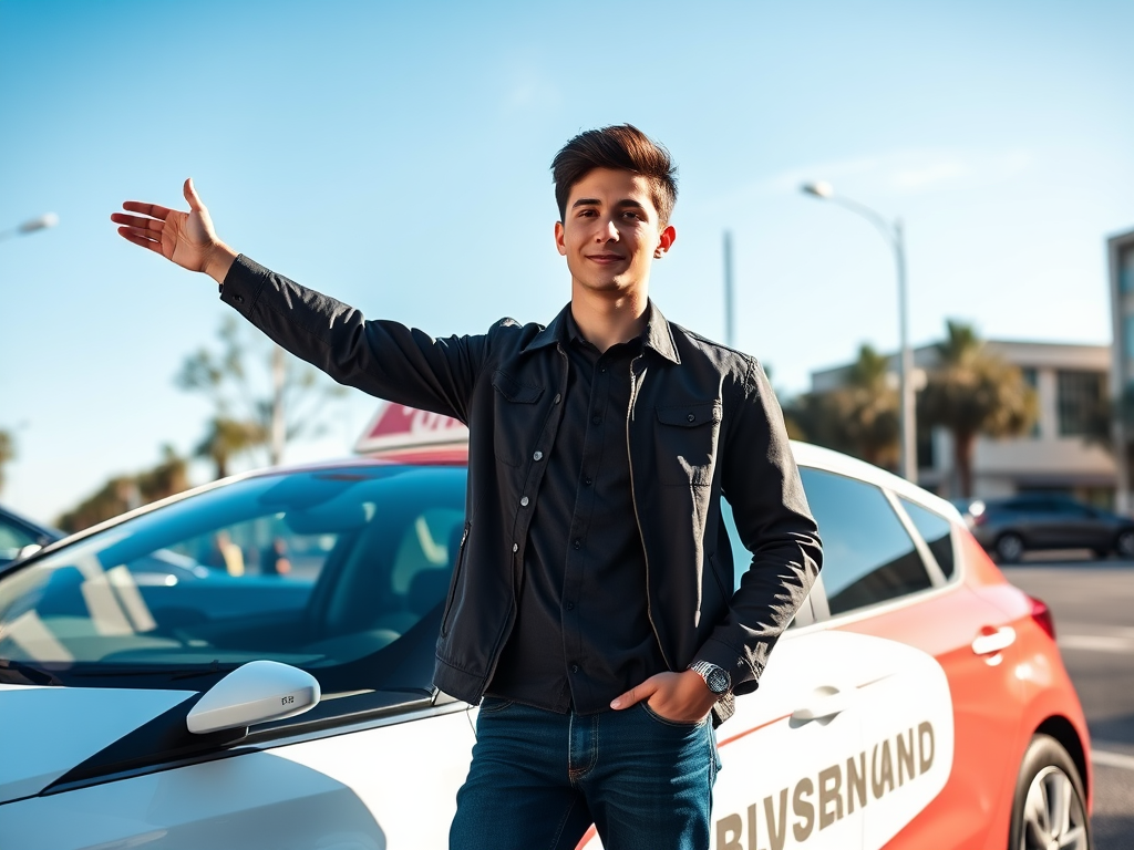 "a confident young entrepreneur" "standing beside a modern driving school car" "sunlit urban street" "symbolizing freedom and opportunity" "clear blue sky" "subtle sense of support and success"