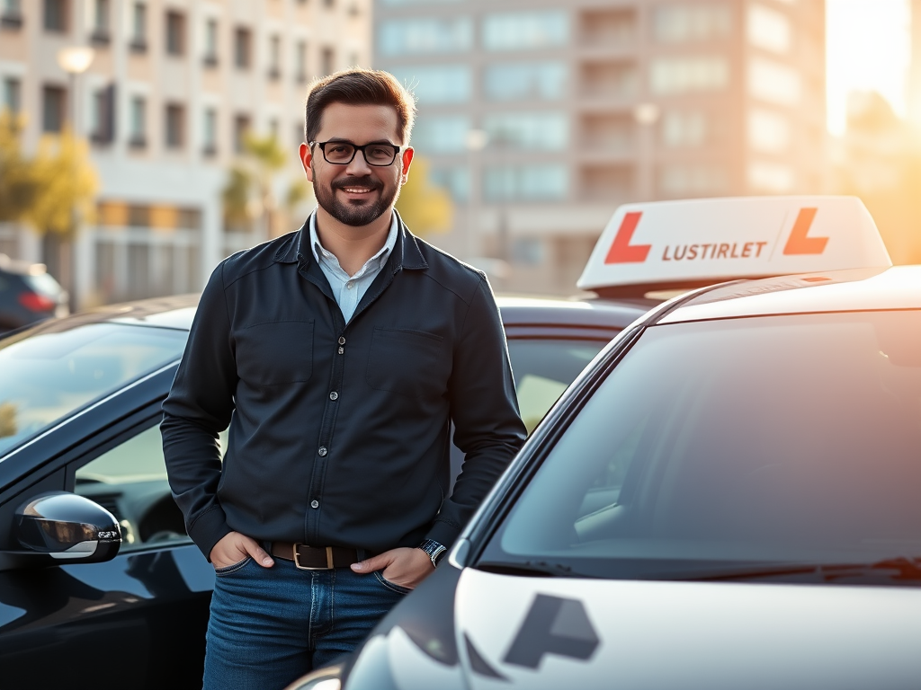 "a confident driving instructor" "standing next to a modern car with a subtle logo" "sunlit urban background" "symbols of freedom and independence" "professional, supportive atmosphere" "elements representing training and growth"
