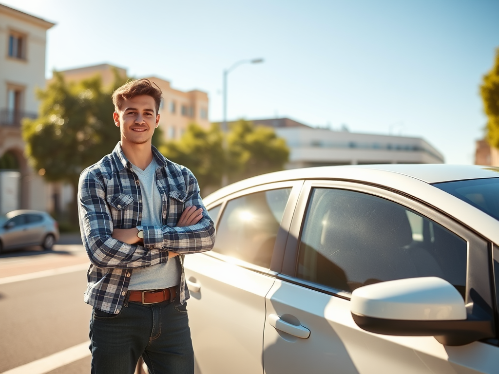 "a confident young entrepreneur" "standing beside a modern driving school car" "sunlit urban street" "symbolizing freedom and opportunity" "clear blue sky" "subtle sense of support and success"