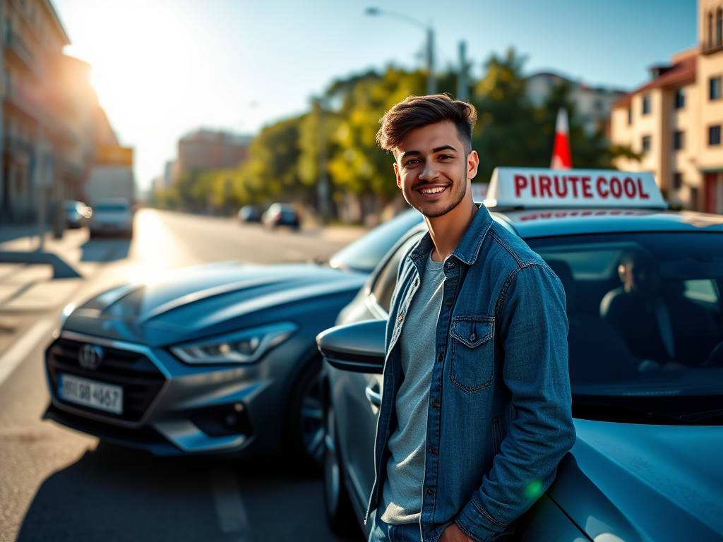 "a confident young entrepreneur" "standing beside a modern driving school car" "sunlit urban street" "symbolizing freedom and opportunity" "clear blue sky" "subtle sense of support and success"