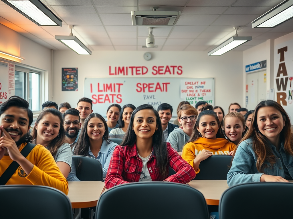 A diverse group of eager students in a bright, modern driving school classroom, with "limited seats" atmosphere, warm lighting, and motivational decor.