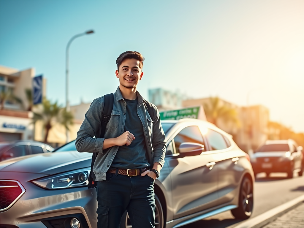 "a confident young entrepreneur" "standing beside a modern driving school car" "sunlit urban street" "symbolizing freedom and opportunity" "clear blue sky" "subtle sense of support and success"